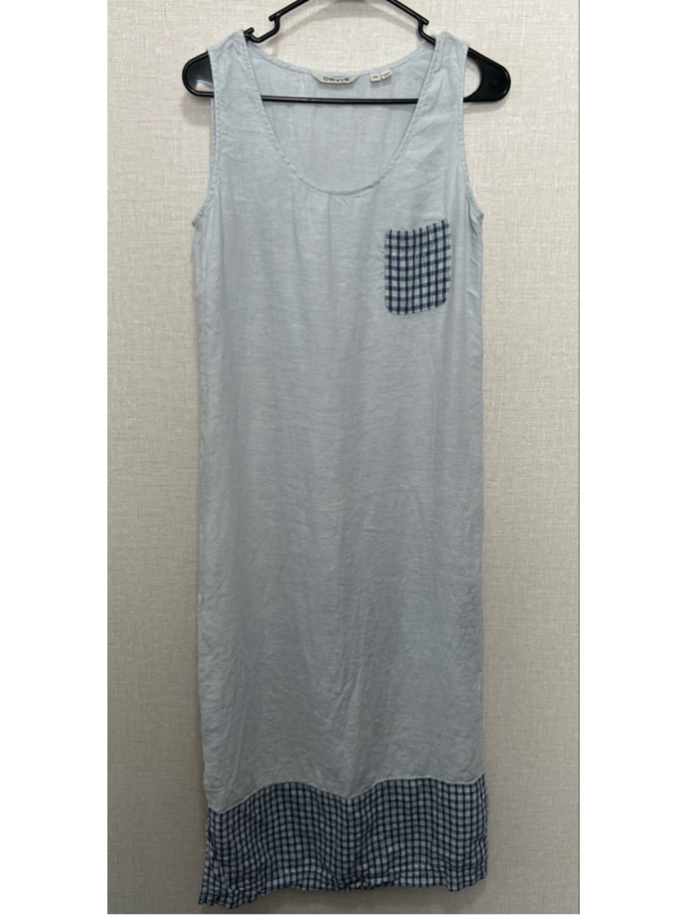 Orvis 100% Linen Blue Gingham Trim Lightweight Summer Midi Tank Dress